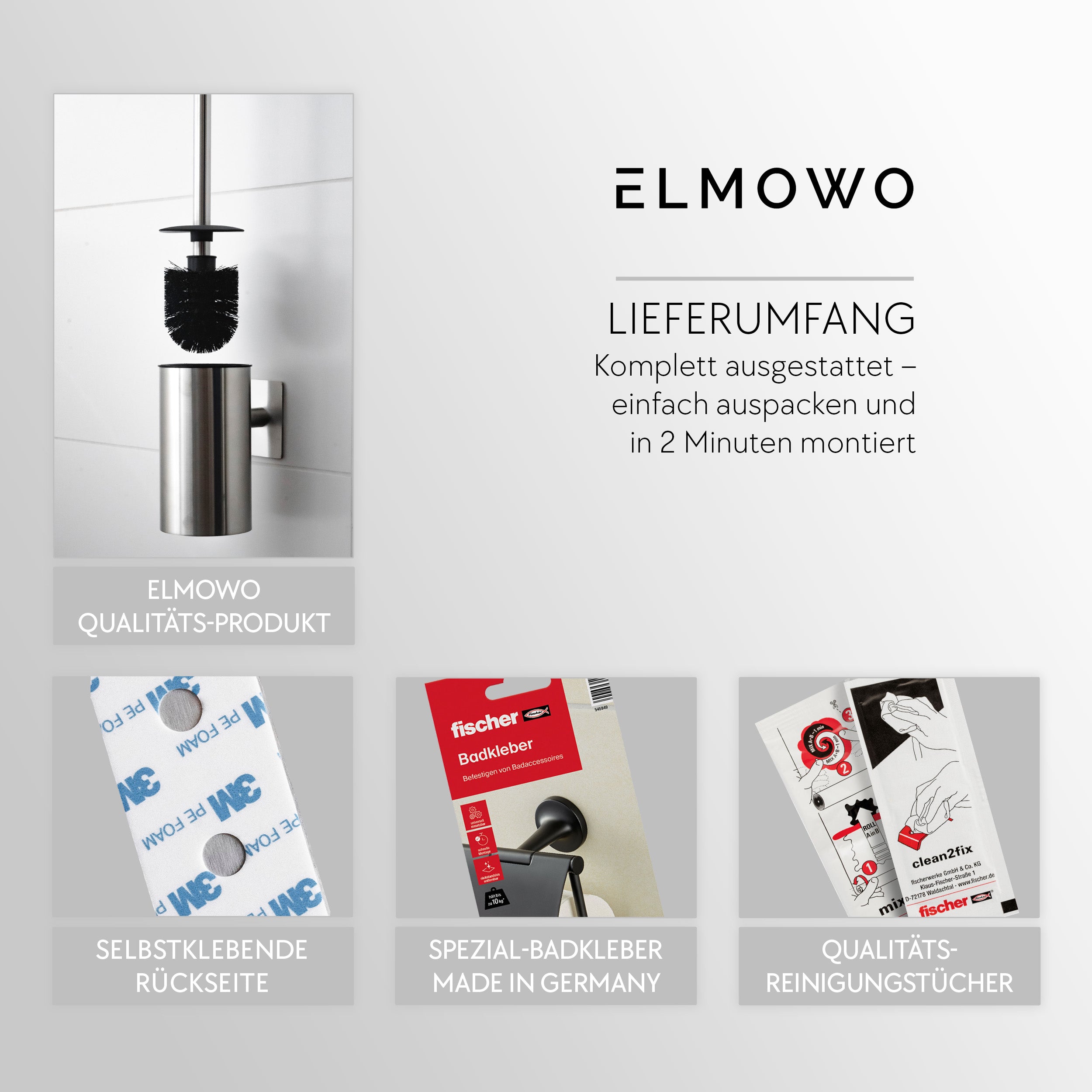 ELMOWO - Edelstahl Klobürste ohne Bohren (silber) im Komplett-Set