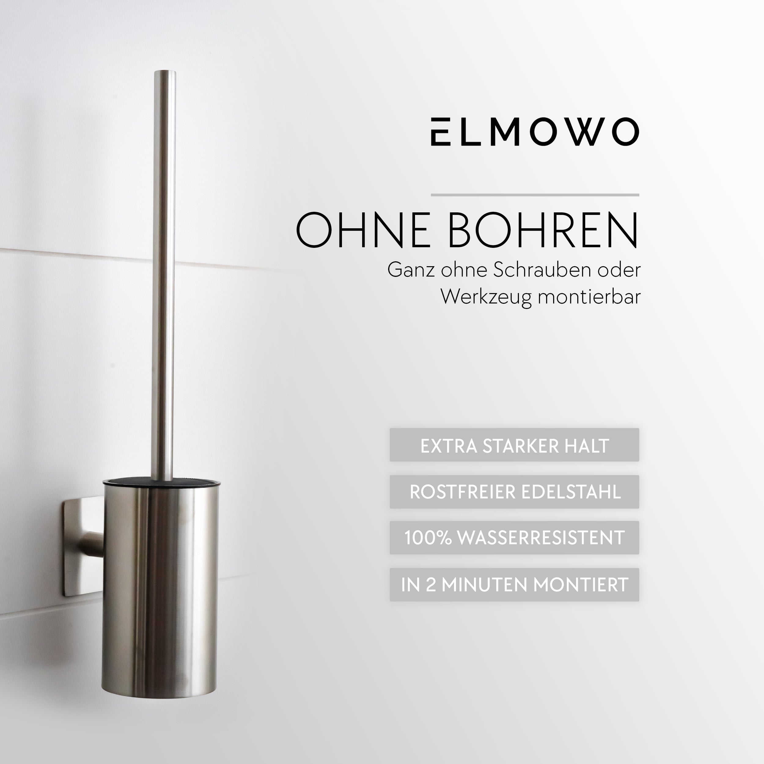 ELMOWO - Edelstahl Klobürste ohne Bohren (silber) im Komplett-Set