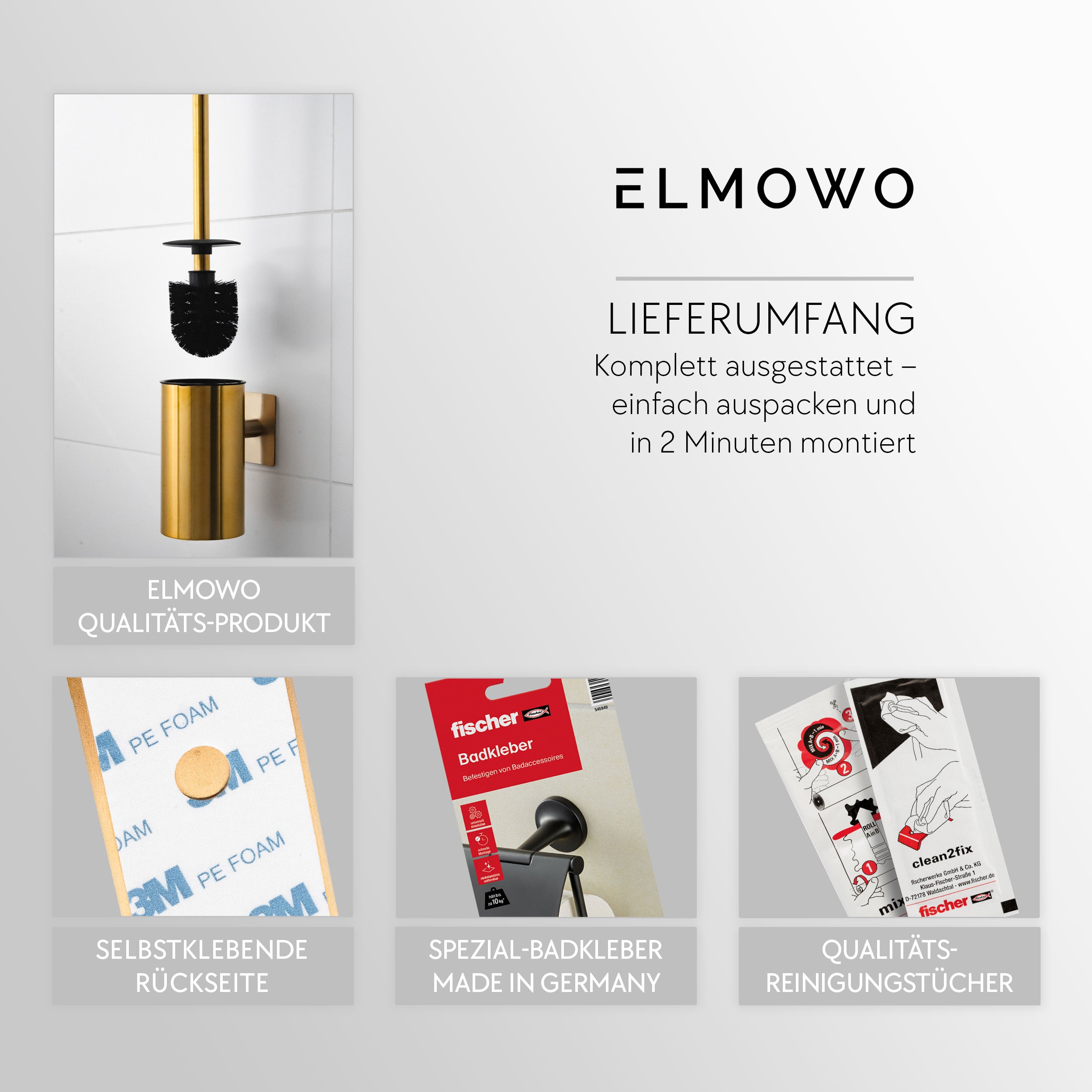 ELMOWO - Edelstahl Klobürste ohne Bohren (gold) im Komplett-Set
