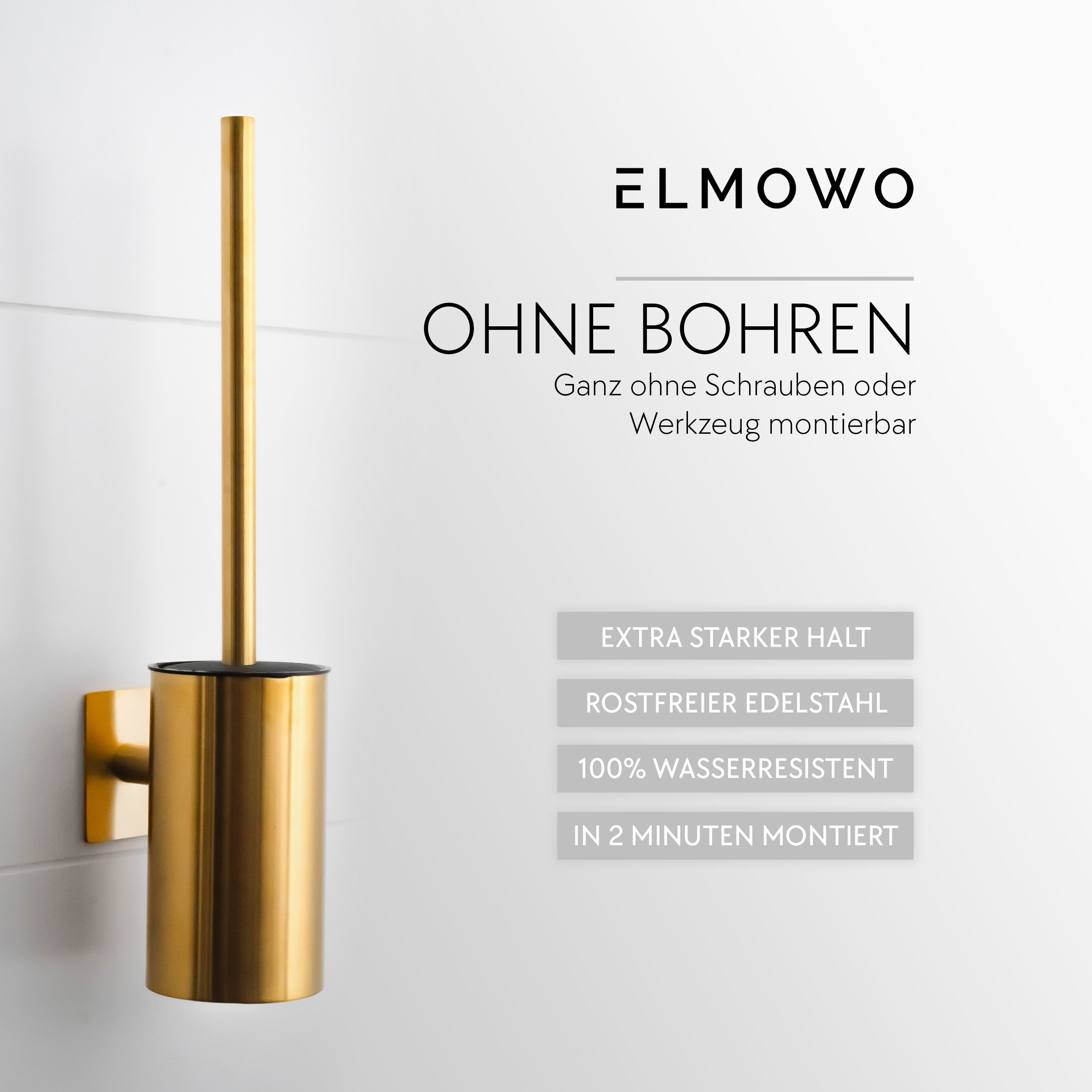 ELMOWO - Edelstahl Klobürste ohne Bohren (gold) im Komplett-Set