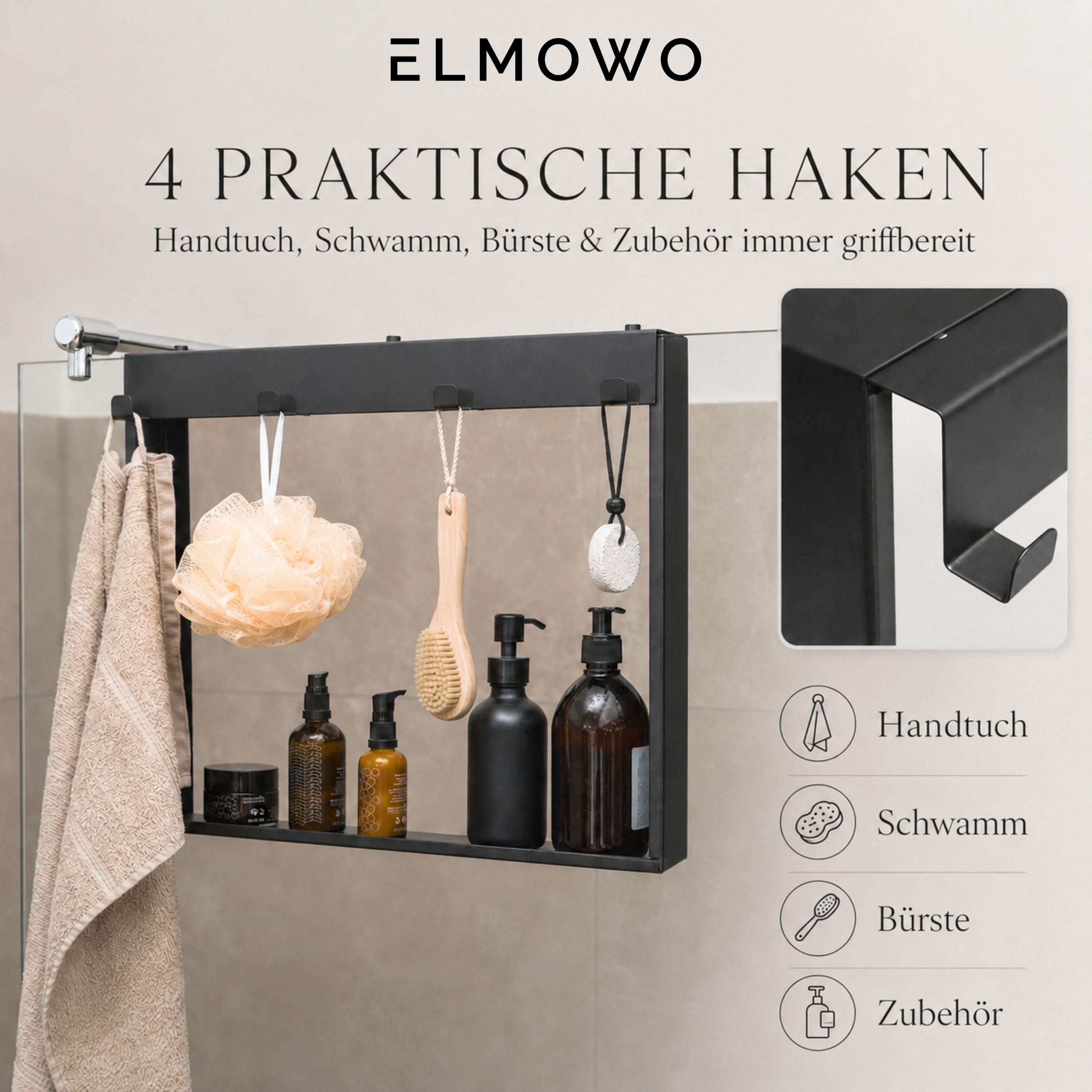ELMOWO - Edelstahl Duschablage zum Hängen ohne Bohren für die Glasduschwand