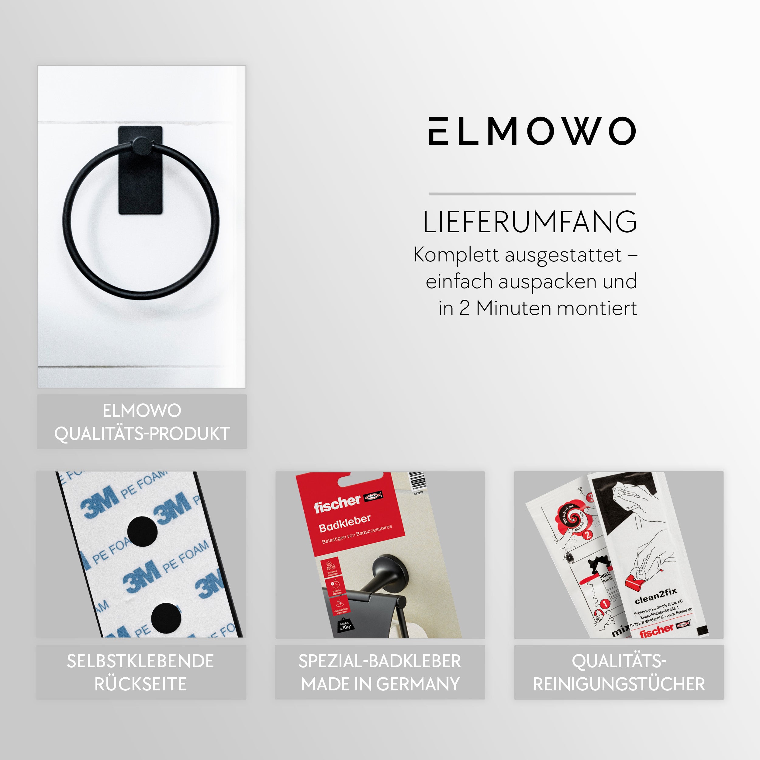 ELMOWO - Edelstahl Handtuchring ohne Bohren (schwarz)