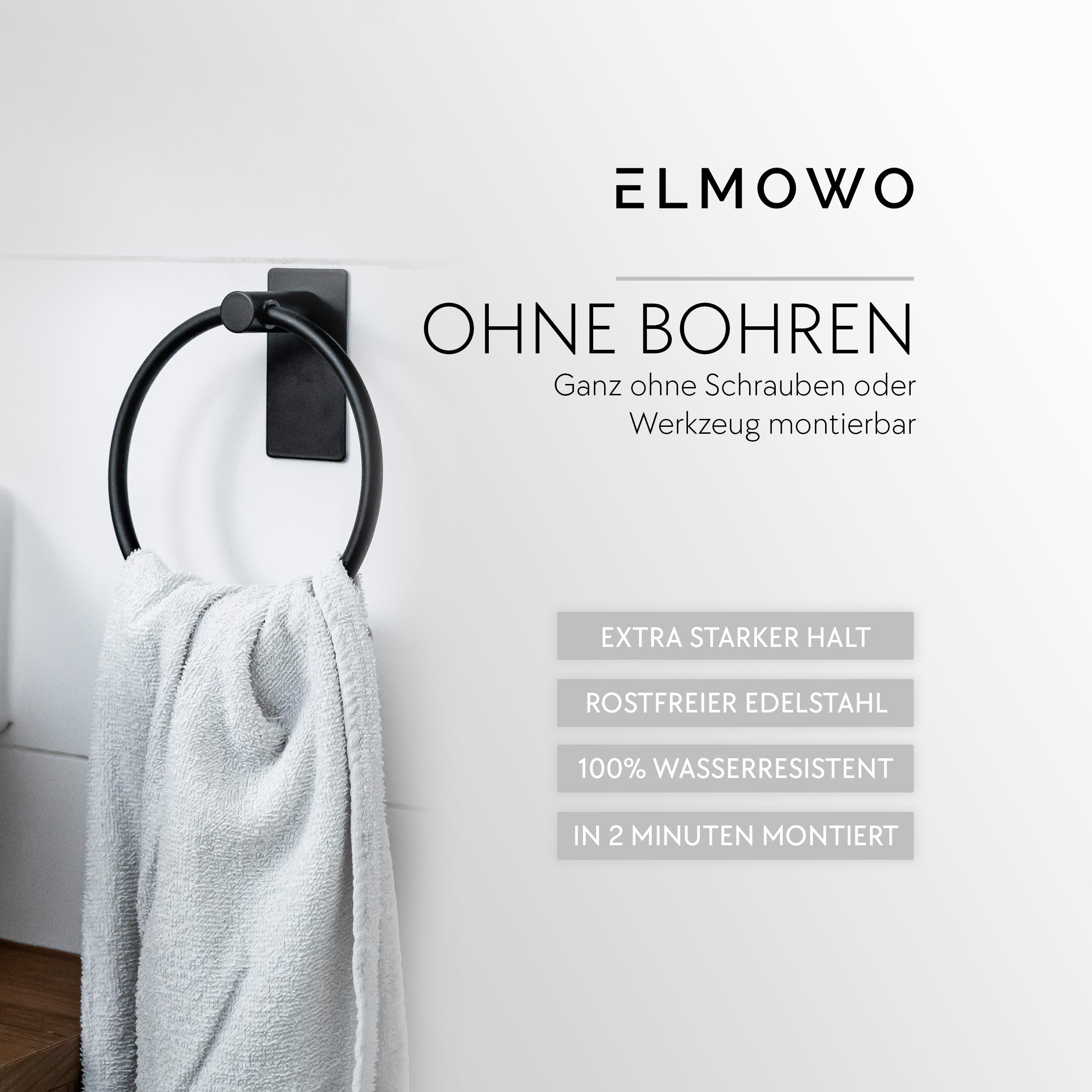 ELMOWO - Edelstahl Handtuchring ohne Bohren (schwarz)