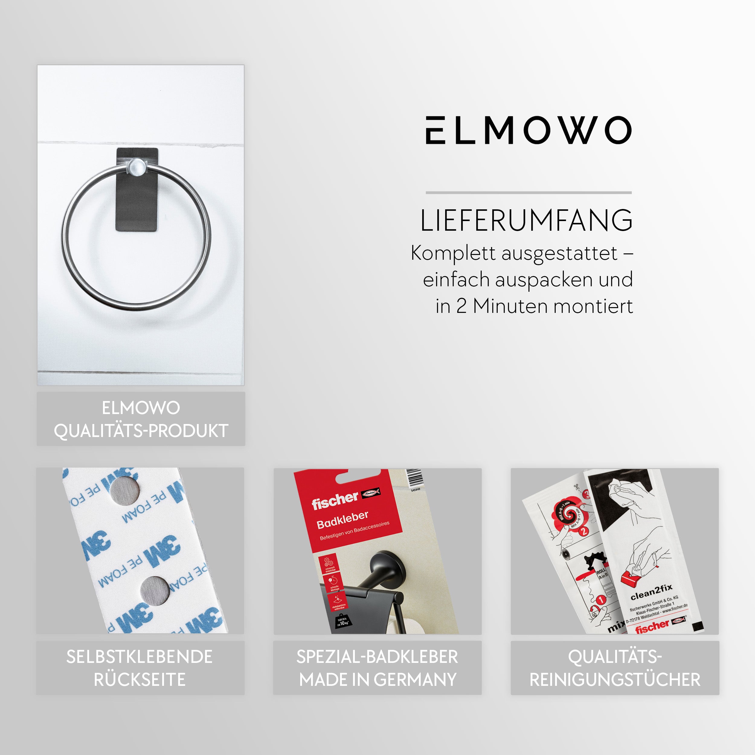 ELMOWO - Edelstahl Handtuchring ohne Bohren (silber)