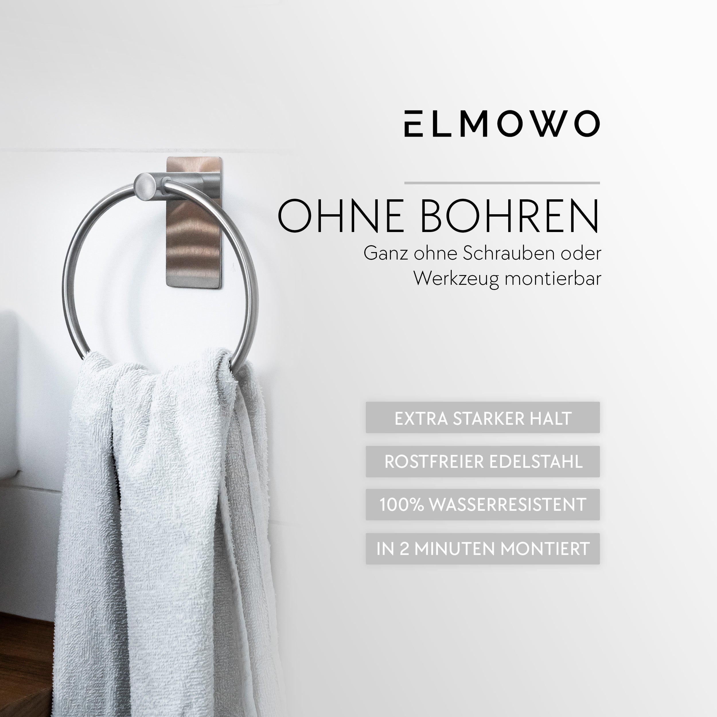 ELMOWO - Edelstahl Handtuchring ohne Bohren (silber)