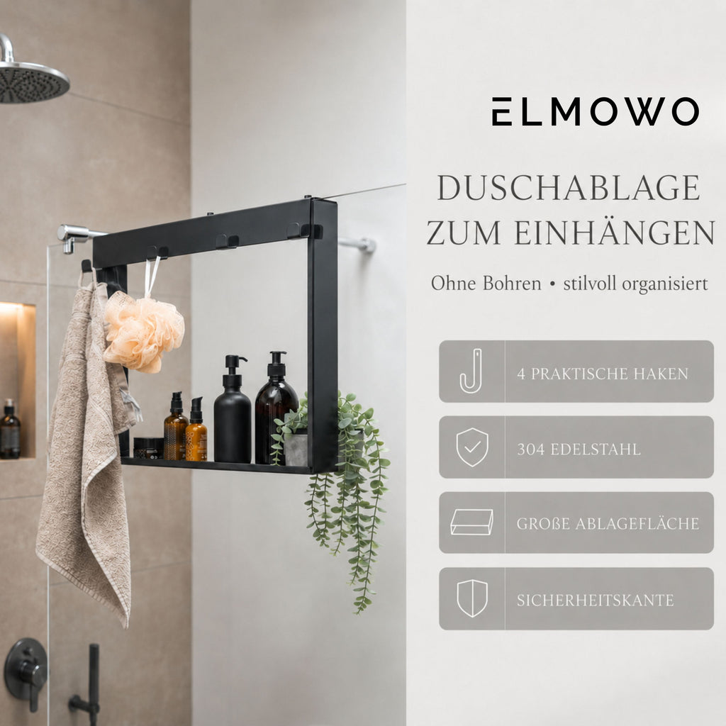 ELMOWO - Edelstahl Duschablage zum Hängen ohne Bohren für die Glasduschwand