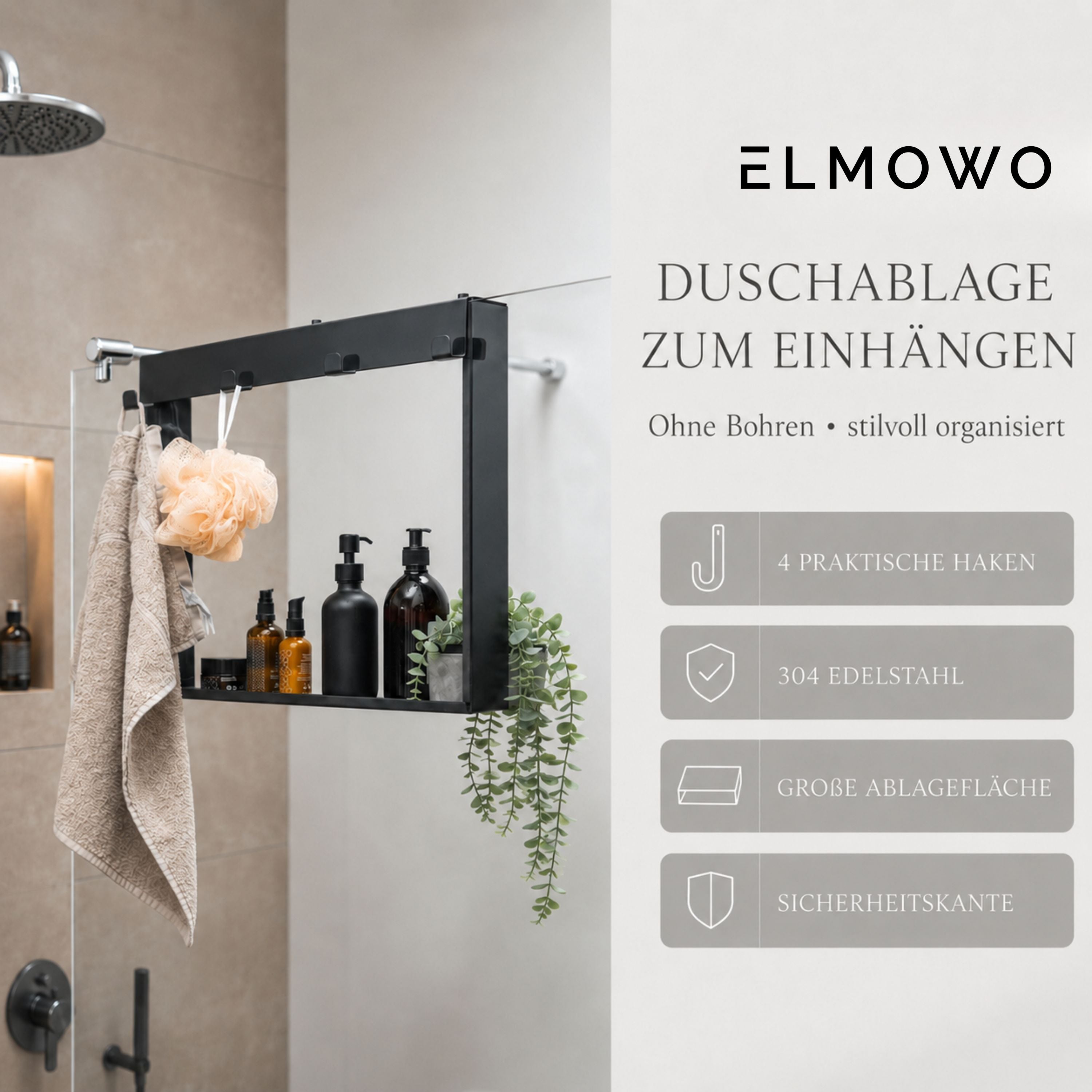 ELMOWO - Edelstahl Duschablage zum Hängen ohne Bohren für die Glasduschwand