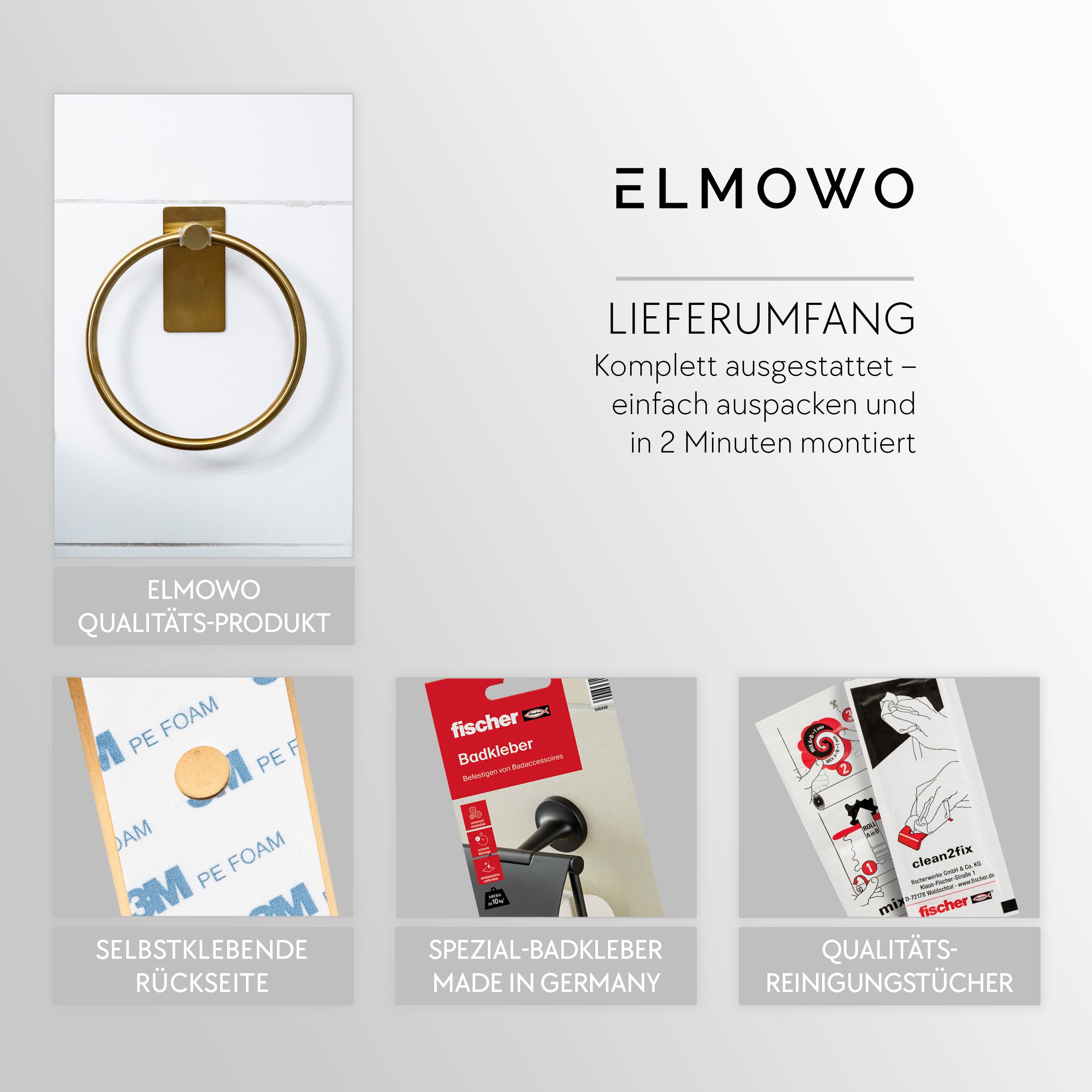 ELMOWO - Edelstahl Handtuchring ohne Bohren (gold)
