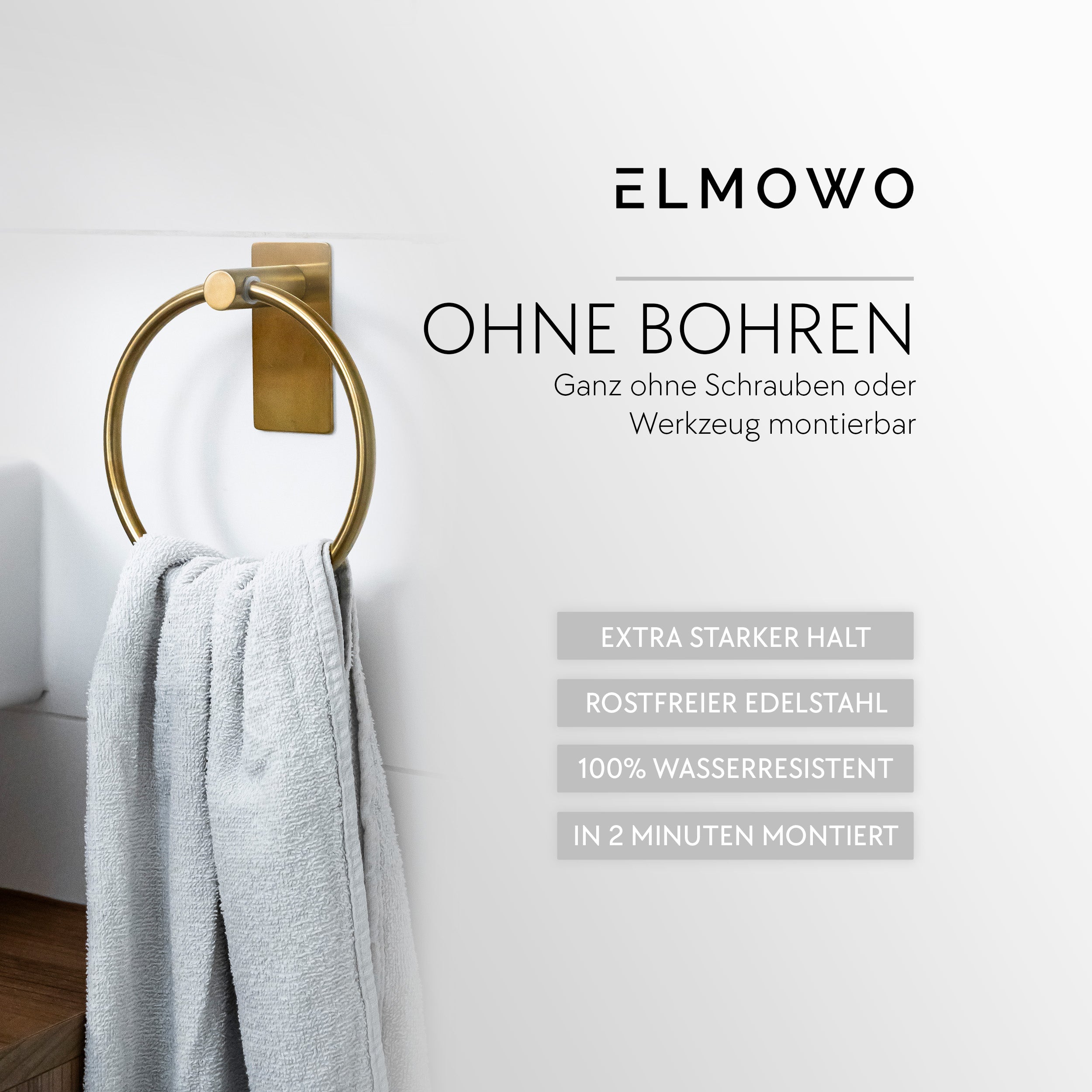 ELMOWO - Edelstahl Handtuchring ohne Bohren (gold)