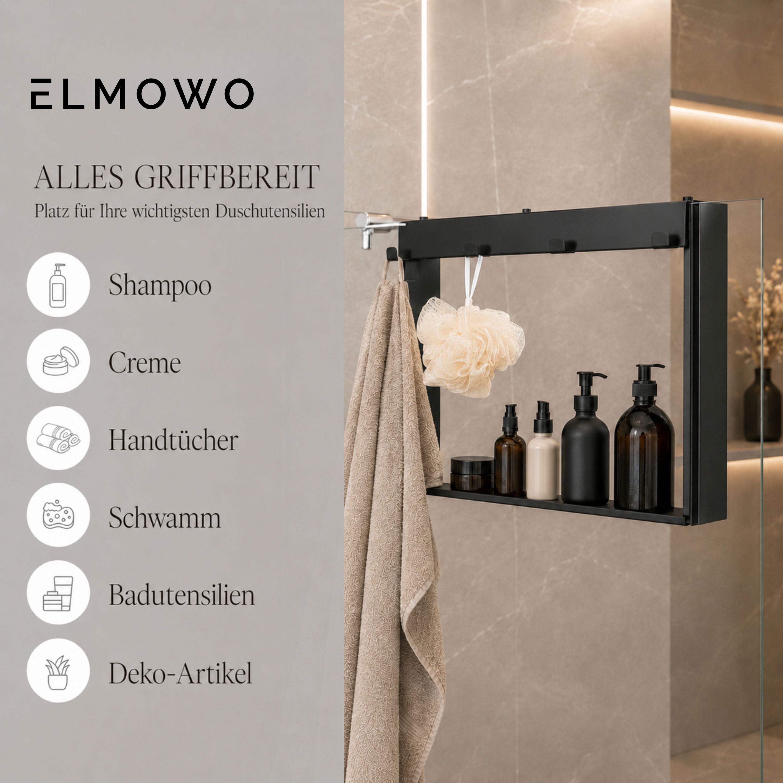 ELMOWO - Edelstahl Duschablage zum Hängen ohne Bohren für die Glasduschwand