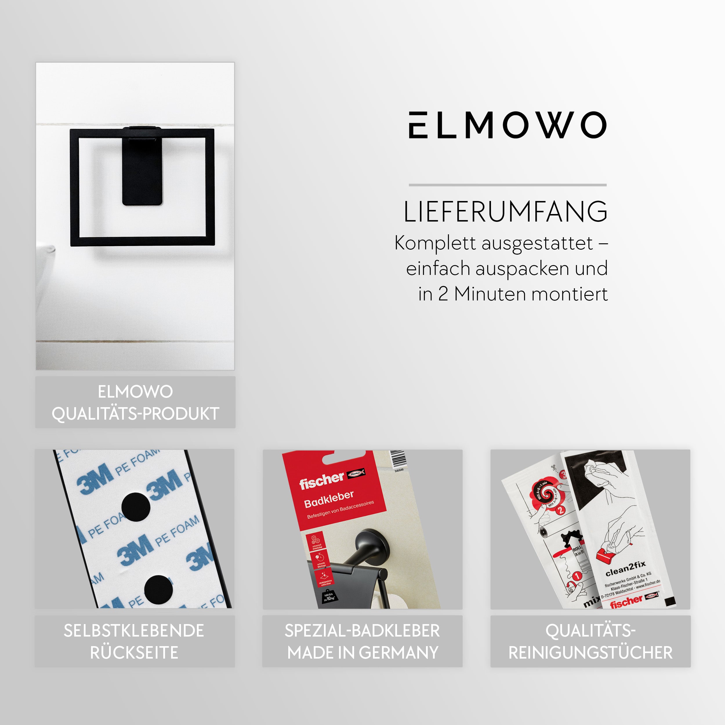 ELMOWO - Edelstahl Handtuchring eckig ohne Bohren (schwarz)