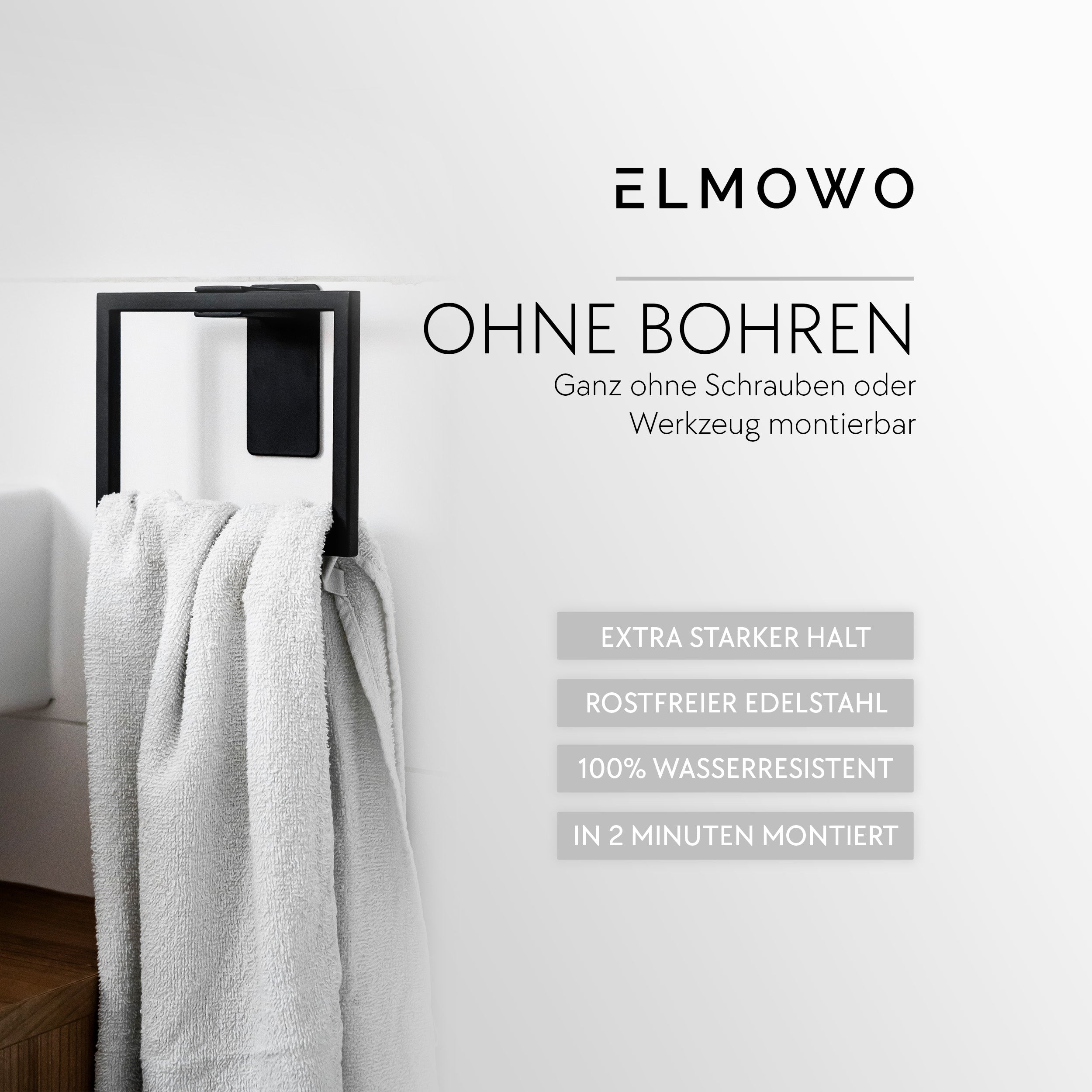 ELMOWO - Edelstahl Handtuchring eckig ohne Bohren (schwarz)