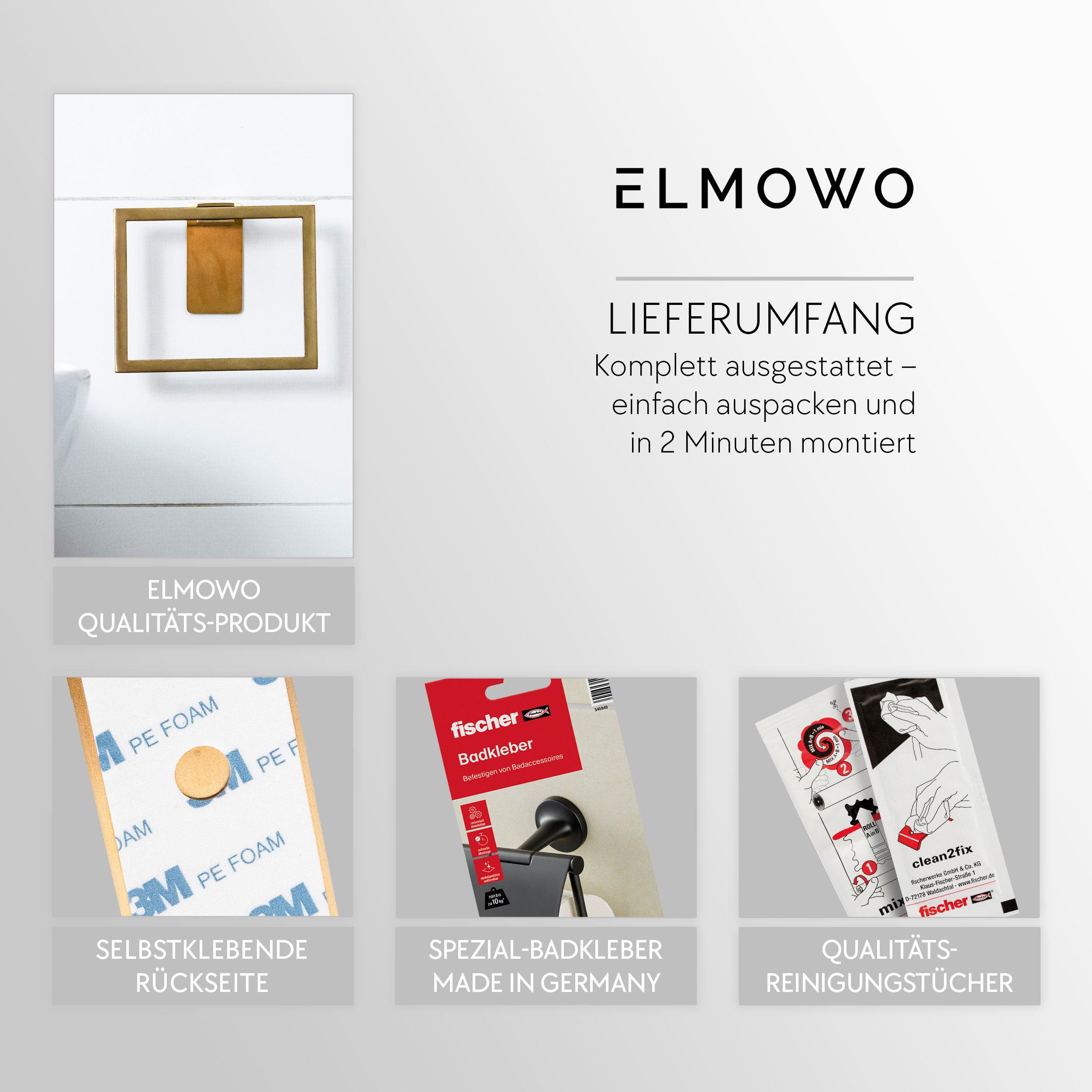 ELMOWO - Edelstahl Handtuchring eckig ohne Bohren (gold)