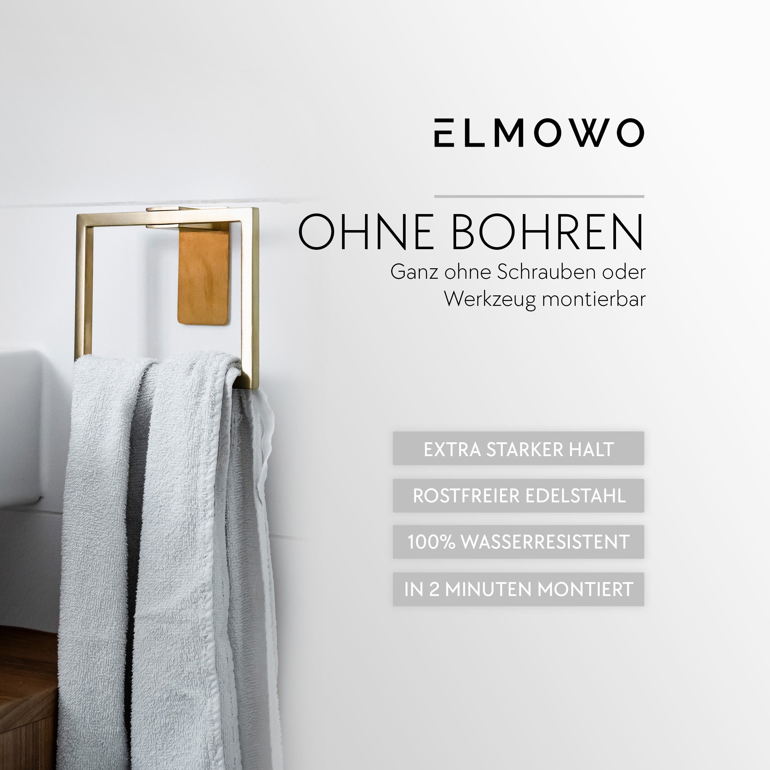 ELMOWO - Edelstahl Handtuchring eckig ohne Bohren (gold)