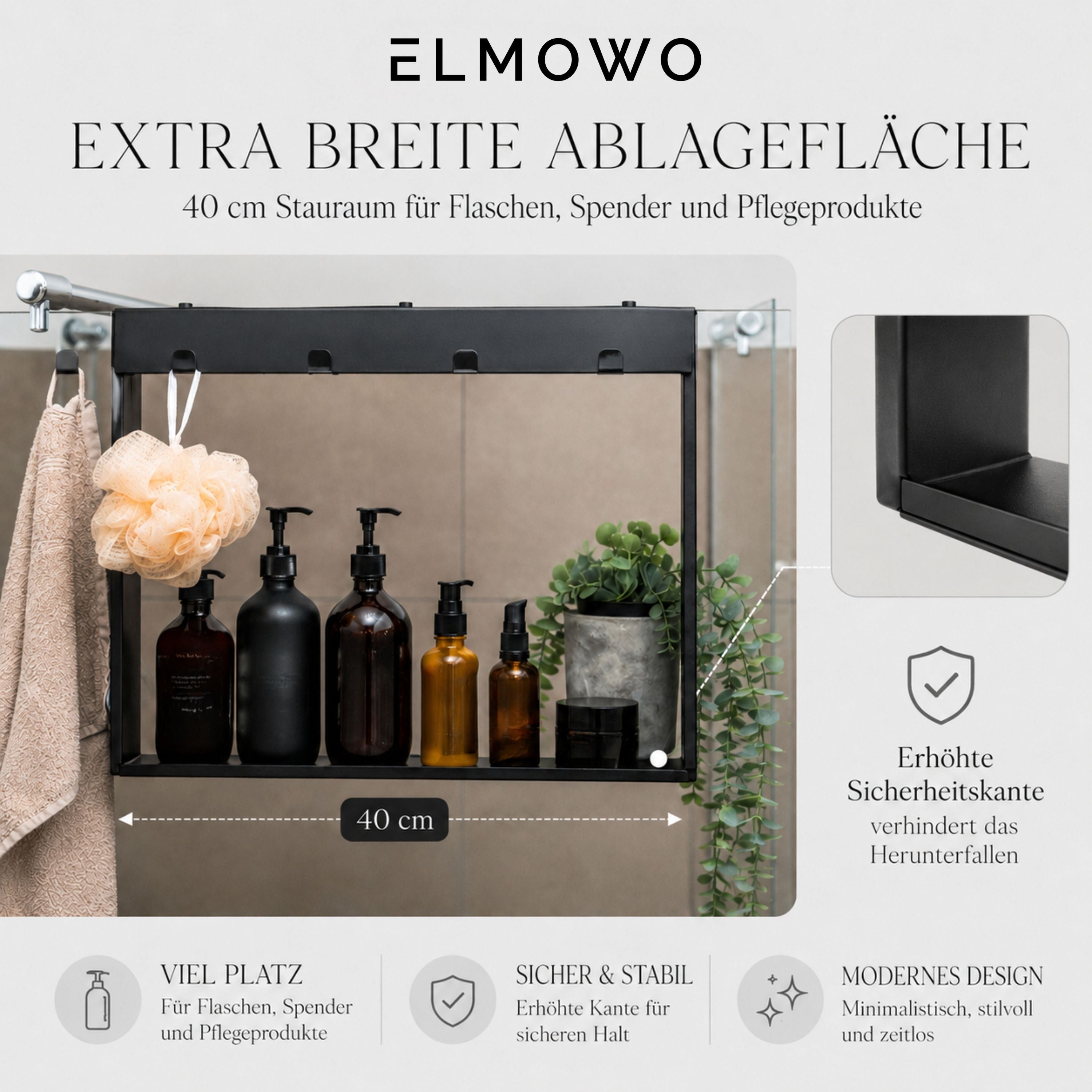 ELMOWO - Edelstahl Duschablage zum Hängen ohne Bohren für die Glasduschwand