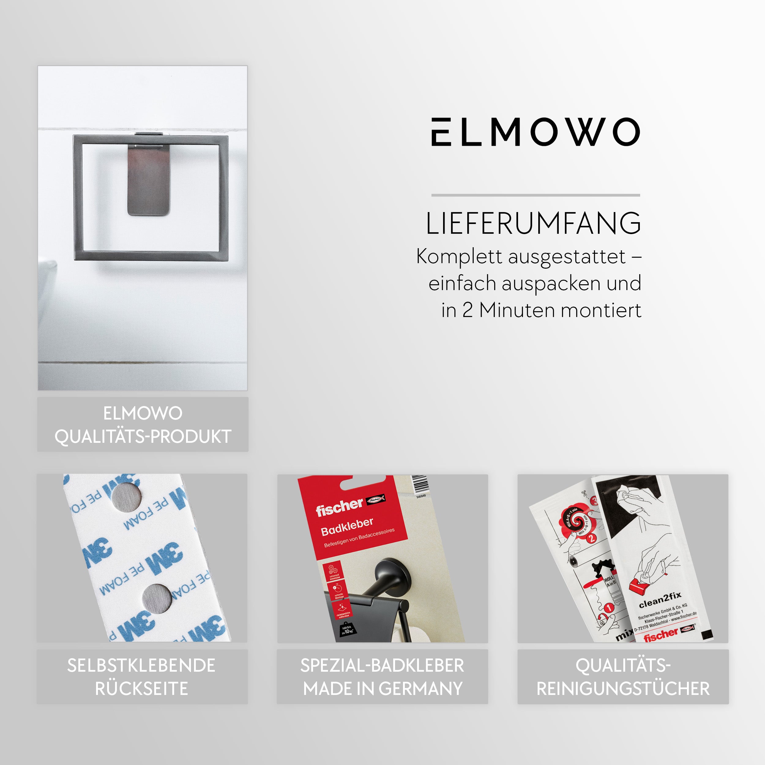 ELMOWO - Edelstahl Handtuchring eckig ohne Bohren (silber)