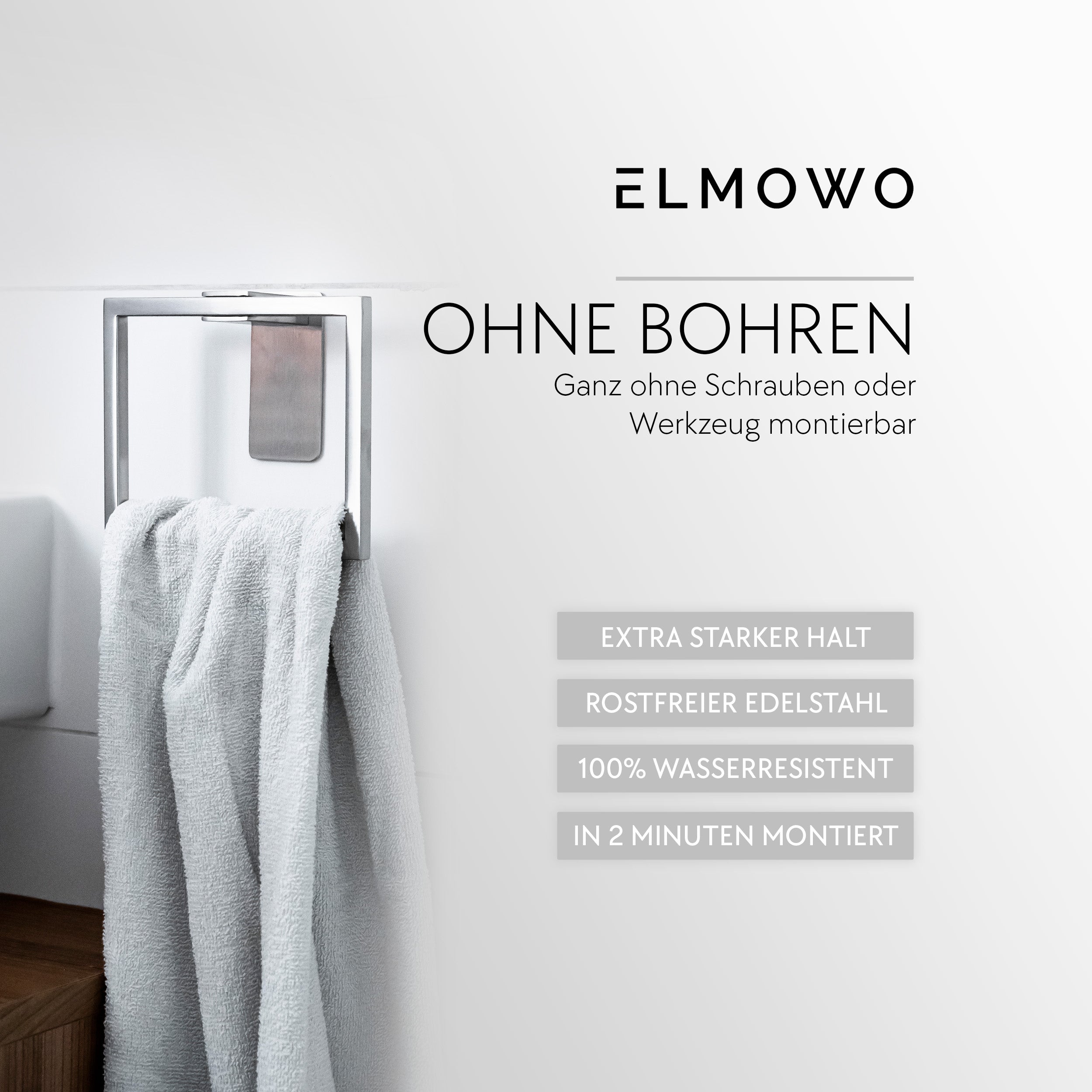 ELMOWO - Edelstahl Handtuchring eckig ohne Bohren (silber)